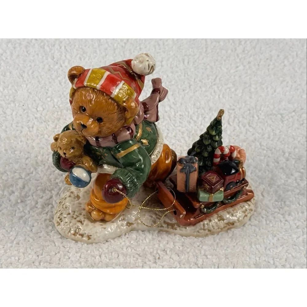 Christmas Teddy Bear Pulling Sled Porcelain Figure